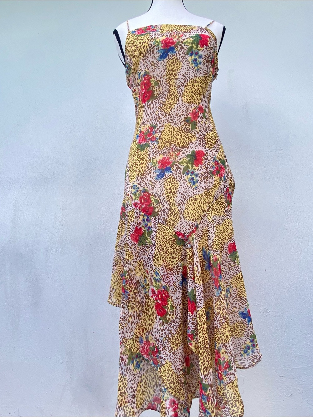 Urban Outfitters Tan Leopard Floral Whimsy Asymmetrical Slip Dress Size Small